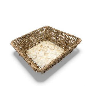 Plateau décoratif de style bohème en rotin avec incrustation de nacre, design flexible, bord en jonc de mer fait à la main pour la présentation de table et le service de nourriture - Product Image 2