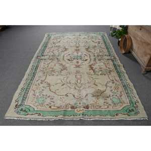 Alfombra turca Vintage de 5,6x9,2 pies, verde, Beige, tejido plano, patrón de retazos de lana para decoración para sala de estar, uso de pasillo, respaldo de látex - Product Image 1