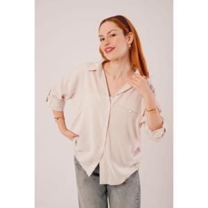 Lustrin Women's Oversize Cream Striped Viscose Shirt with Pocket Detail - Wholesale Loose Fit Blouse for Casual Wear - Product Image 5