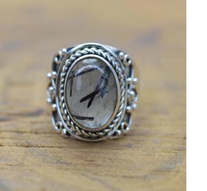 Anillo de piedras preciosas de Plata de Ley 925 rutilo negro hecho a mano elegante joyería Natural regalo para su piedra natal de abril - Product Image 1