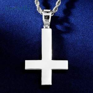 Moissanite Diamond Upside Down Cross Pendant 925 Silver & 18K White Gold Plated For Men - Product Image 4