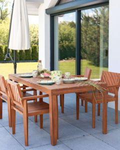 ชุดรับประทานอาหารในสวนไม้สักเนื้อแข็งที่มีคุณภาพประกอบด้วยเก้าอี้4ตัวโต๊ะยาว1ตัวพร้อมพื้นผิวธรรมชาติสำหรับใช้ในโรงแรมหรือสวนสาธารณะกลางแจ้ง - Product Image 6