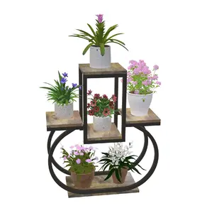 Estante para macetas de flores de 4 niveles Premium Metal con recubrimiento en polvo Metal y madera Estante para flores de jardín y soportes para macetas