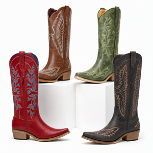 Bottes western pour femmes brodées, mi-mollet, bout carré, talon bloc, fermeture éclair latérale - Product Image 1