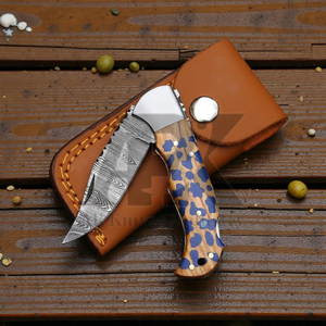 Couteau pliant en acier Damas de qualité supérieure, pointe tombante, 58HRC, poignée en bois Pakka, chasse, survie en plein air, port quotidien, multifonctionnel - Product Image 3