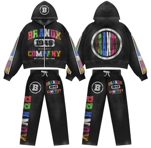 Lightweight Eco-Friendly Breathable Printed Cotton Acid Washed Vintage Sunfaded Winter Casual <b>Hoodie</b> Sweatpants Sets Unisex - Product Image 5