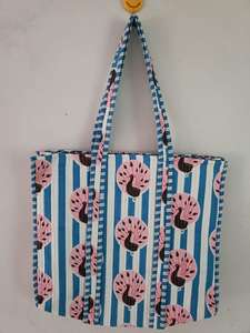 Fashion Block Peacock Printed Pure Cotton Fabric Women's Shoulder Tote <b>Bag</b> Solid Color Zipper Closure Lightweight Quilted - Product Image 2