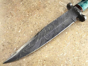CUSTOM HANDMADE DAMASCUS STEEL COLOR <b>BONE</b> <b>HANDLE</b> BEAUTIFUL HUNTING BOWIE WITH LEATHER SHEATH by <b>KNIVES</b> MAKER. - Product Image 2