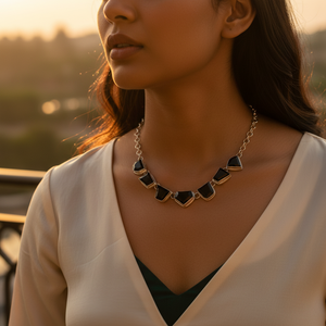 "Statement #Fashion Beaded #Silver Geometric Onyx Necklace for Women" - Product Image 1