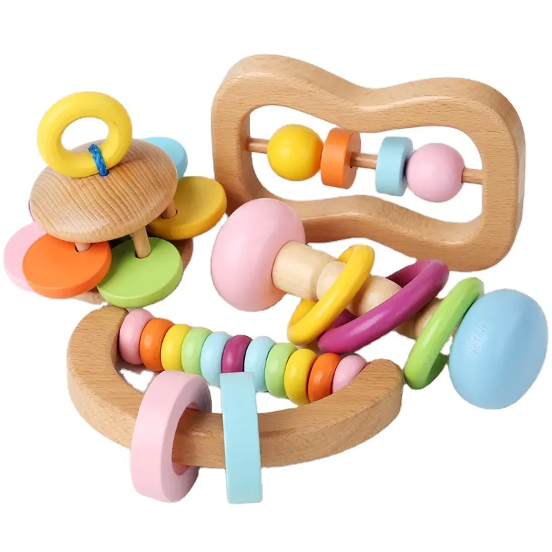 Giocattoli in legno colorati strumenti a percussione per bambini sicuri per uso alimentare legno sonaglio braccialetto massaggiagengive Set Montessori bambino