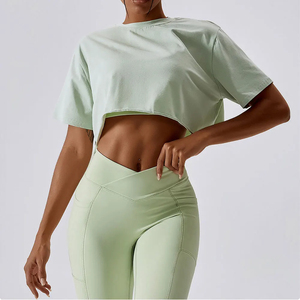Casual Cotton Women's Gym Workout T-shirt Short Sleeve Dance Sports Running <b>Crop</b> <b>Top</b> With O-Neck Solid Pattern Loose Fit - Product Image 5