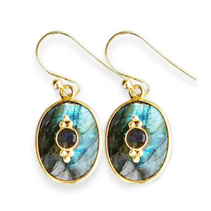 925 Sterling Silver Womens Fantaisie Lunette Dangle et Drop Boucle D'oreille avec Labradorite Gemstone Plaqué Or Ovale Forme Ronde Bijoux - Product Image 1