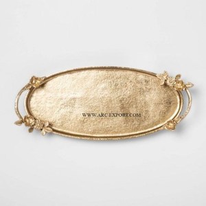 Exclusive Quality <b>Gold</b> Plated Kitchen Ware Food Serving <b>Tray</b> With Flower Design Handle Vintage Oval Handcrafted Fruit <b>Tray</b> - Product Image 1
