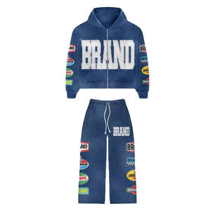 New Custom Casual Solid Distressed Drawstring Stacked Flared Winter Tracksuit Acid <b>Washed</b> Lightweight Unisex Sweatpants Hoodie - Product Image 1