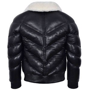 <b>Men's</b> Genuine Leather Bomber Jacket With Faux <b>Fur</b> Collar Down Filled Windproof Winter <b>Coat</b> Regular Fit - Product Image 3