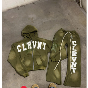 Ensemble survêtement d'hiver personnalisé avec fermeture éclair, broderie de logo, pantalon de jogging évasé, ensemble sweat-shirt de haute qualité 100% coton, streetwear - Product Image 4