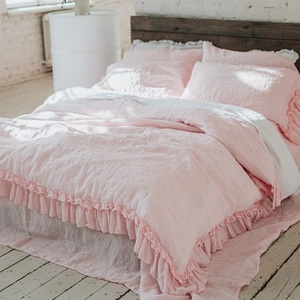 Juego de funda nórdica de lino de Francia al por mayor estilo rústico ropa de cama con doble volante fundas de almohada de tamaño King para el hogar 200TC boda Hospital - Product Image 1