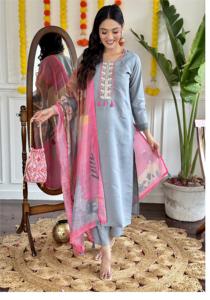 Chanderi Kurti étnico de viscosa pura con tela de lino Dupatta mujeres trajes indios y paquistaníes para Niñas Ropa de fiesta y trajes Casuales - Product Image 2