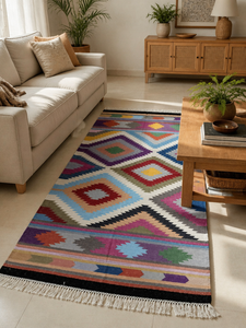 Alfombra Kilim de Algodón Tejida a Mano, Gruesa, Moderna, Multicolor, con Diseño de Diamantes y Flecos, para Dormitorio o Sala de Estar - Product Image 4