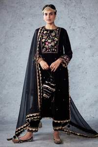 Indio/paquistaní Resham bordado trabajo 100% seda terciopelo Floral patrón largo A-Line Kurta con vestido de pantalón para fiesta/boda - Product Image 2