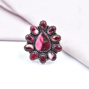 Bague réglable en argent sterling plaqué or vintage, sertie de pierres de dahlia rose et turquoise, faite à la main, certifiée 925, unisexe, pour mariage - Product Image 1