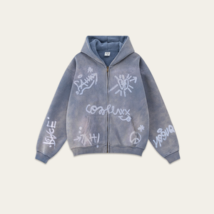 Sweat-shirt à capuche vintage brodé de style rétro, lavé, imprimé intégral, 100% coton, ample, fermeture éclair, automne - Product Image 4