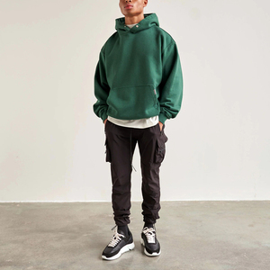 Sweat-shirt à capuche surdimensionné pour homme, vert uni, en coton French Terry, coupe décontractée, avec poches, idéal pour l'automne - Product Image 2