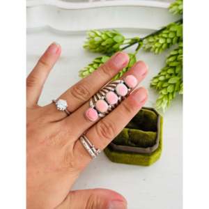 Handmade <b>Boho</b> Navajo <b>Ring</b> Size 6 Featuring Pink Conch & Sterling <b>Silver</b> Cluster Bezel Set Shell Inlay Everyday Wear - Product Image 2