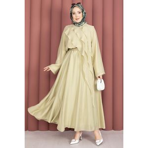 Robe asymétrique à volants en lin 100% pour hiver et printemps, style mousseline, 2 pièces, couleur vert olive, style club, manches courtes - Product Image 3
