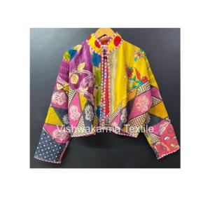 Vintage <b>Kantha</b> Cotton Quilted <b>Jacket</b> Women Short Handmade Autumn Winter Coat Artisan Crafted Reversible - Product Image 1