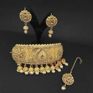 Kriaa Brown Austrian Stone Necklace <b>Set</b> with Maang Tikka Gold Plated 1107989A <b>Fine</b> <b>Jewelry</b> - Product Image 1