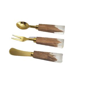 Elegante juego de cucharas de cubiertos de oro real, cubiertos de acero inoxidable de cocina casera clásica con mango de madera de resina para bodas - Product Image 1