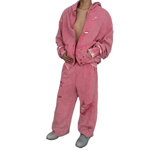 Fait sur mesure 2pc ensembles pour hommes lavage à l'acide Streetwear fermeture éclair ensembles vêtements pour hommes poids lourd en détresse deux pièces survêtement pour hommes - Product Image 1