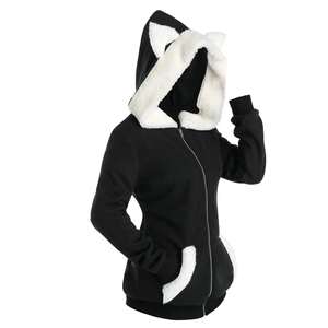 <b>Women's</b> Breathable Long Autumn Winter Cute Color Block Cat Ears <b>Zipper</b> Thick Fleece Hooded Sweatshirt with Pockets Customizable - Product Image 2