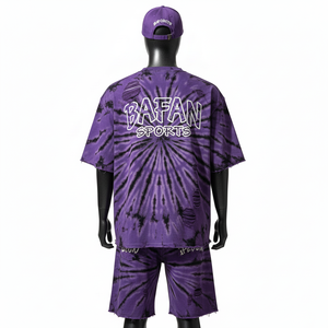 Conjunto de Camiseta y Pantalones Cortos Extra Grandes para Hombre, Jersey de Algodón Premium de 220 GSM, Tie Dye Morado, Logotipo Serigrafiado, Ajuste Personalizado, Conjunto de 2 Piezas - Product Image 5