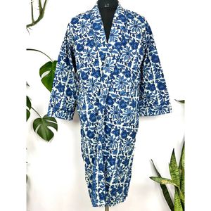 Men's Pure Cotton Robe <b>Kimono</b> Elegant Summer <b>Beach</b> Coverup for Smoking Lounge Wear Funky White Blue Handblock Swimsuit Cover Ups - Product Image 3