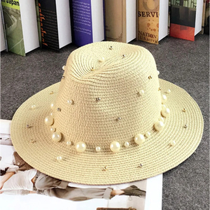 New Summer British pearl beading flat brimmed straw <b>hat</b> Shading <b>sun</b> <b>hat</b> <b>Lady</b> beach <b>hat</b> Sunscreen fashion jazz cap - Product Image 4