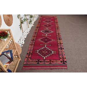 Vintage Rug, <b>Runner</b> 3.2x11.5 ft Turkish Rug, <b>Red</b> Plants & trees Wool Rug - Product Image 1