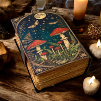 Libro de hechizos de cuero hecho a mano Grimoire Al Amir Lunar Moon Mushroom, con papel vintage de borde deshilachado, regalo de brujería, cuaderno de bocetos, artesanías religiosas