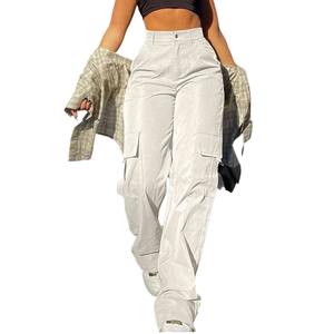 Pantalon cargo décontracté pour femme, printemps-été, taille haute élastique, coupe ample, respirant, séchage rapide, poches, bande latérale, polyester/coton - Product Image 2