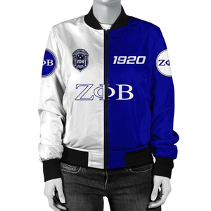 Giacca in Raso Blu e Bianca Zeta Phi Beta per Donne, Abbigliamento Premium ZPB con Ricamo a Scudo in Stile Varsity - Product Image 1