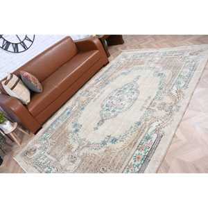 พรมวินเทจขนาด 5.7x9.3 ฟุต พรมตุรกีขนาดใหญ่ พรมขนสัตว์สีน้ำเงินขาวลายปะติด - Product Image 5