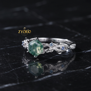 Anillo de Compromiso de Plata 925 con Ágata Musgosa Hexagonal, Diseño de Hojas y Enredaderas Inspirado en la Naturaleza - Product Image 6
