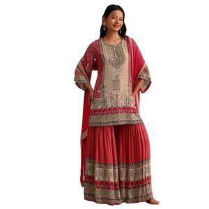Ensemble Kurti Sharara imprimé rose avec mousseline Dupatta pour réception de demoiselle d'honneur de mariage et vêtements indiens de fête - Product Image 3