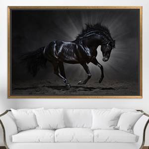 Elegante Decoración de Pared con Caballo Negro, Impresión en Lienzo, Impresión en Vidrio de Animales, Lienzo con Marco Dorado - Product Image 1