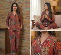Ensemble de pyjama d'été thermique tissé respirant pour femme, 100 % coton, imprimé tie-dye orange dessiné à la main, broderie machine