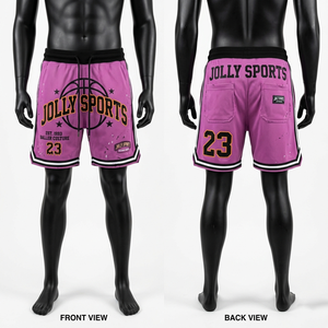 Pantalones cortos de baloncesto para hombre, de malla de poliéster suave y transpirable, con dobladillo en contraste rosa, diseño de logotipo personalizado con serigrafía. - Product Image 5