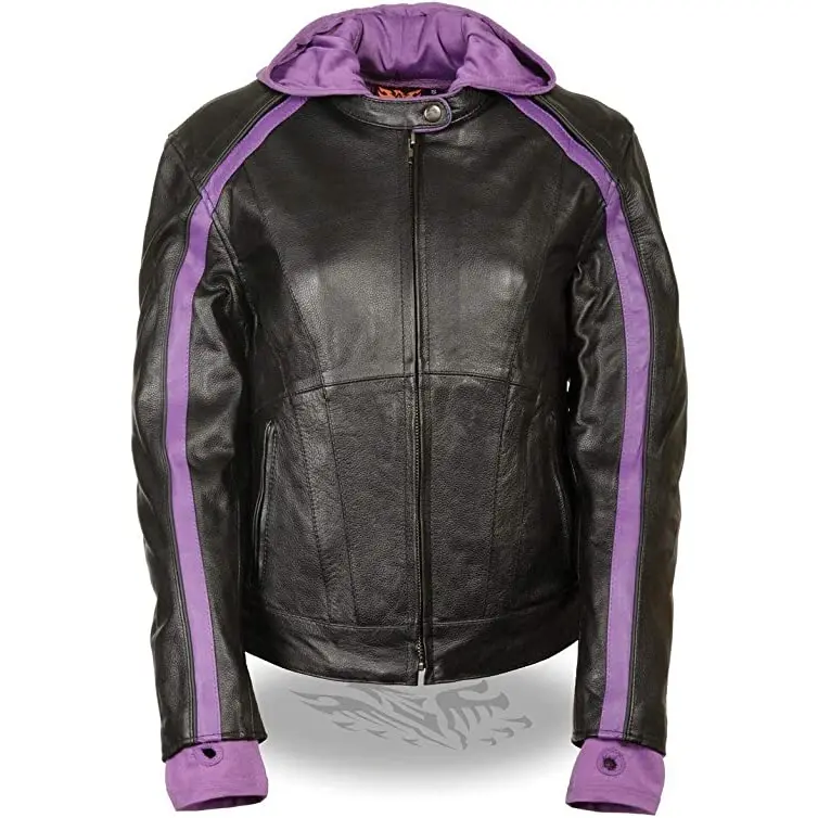 Leather Ladies Black and Pink Striped Leather Jacket with Zip-Out Hoodie