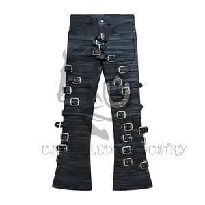 Pantalon à ceinture intégrée pour homme, personnalisé, en cuir noir respirant, coupe-vent, avec braguette mi-boutonnée, style motard premium - Product Image 1
