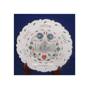 Belle plaque d'incrustation de Taj Mahal sculptée de forme ronde en marbre blanc fait à la main pour la décoration de la maison et du restaurant - Product Image 1